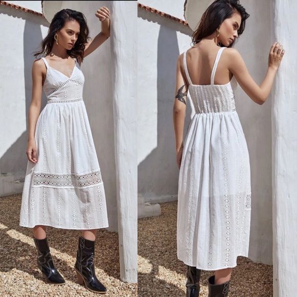 Shirred Eyelet Cami Schiffy Slip Dress Midi White - Picture 2 of 3